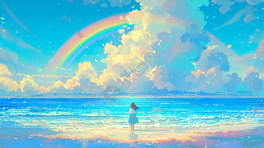 美发背影站在大海边赏空中彩虹的卡通小女孩背影插画