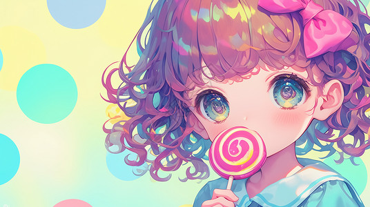 粉色线条蝴蝶结戴着蝴蝶结吃棒棒糖的卷发可爱卡通小女孩插画