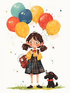 穿裙紫的女孩穿背带裙带着很多彩色气球的卡通小女孩与她的小黑狗宠物插画
