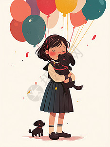 裙带梗穿背带裙带着彩色气球的卡通小女孩与她的小黑狗宠物插画