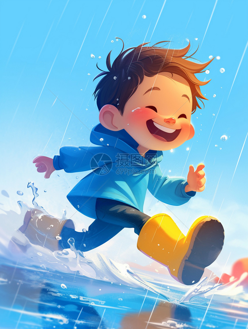 穿着蓝色上衣黄色雨靴在雨中奔跑的卡通小男孩图片