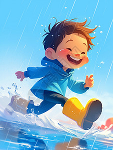 穿着蓝色上衣黄色雨靴在雨中奔跑的卡通小男孩背景图片