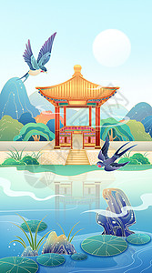小满中国风印章二十四节气之小满湖畔景色插画
