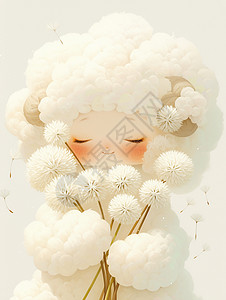 白色卡毛茸茸可爱的卡通羊形象手拿花朵插画