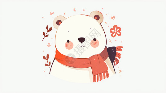红花籽围着红围巾的可爱卡通小白熊插画