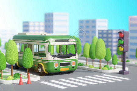 公交车模型复古公交车城市场景设计图片
