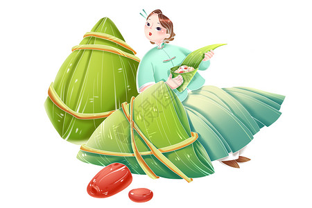 端午节传统手工包粽子过程中国风端午节传统美食女性人物和大粽子组合插画