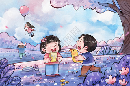 粉色梦幻名片手绘水彩之儿童节互换礼物等场景插画插画