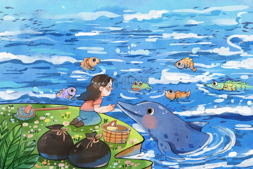 手绘水彩之世界海洋日之女孩与海豚互动治愈插画图片
