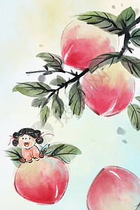 系列之四手绘水墨夏季水果系列之桃子插画插画