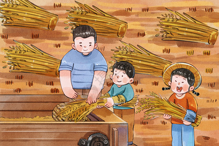 手绘水彩芒种之爸爸教孩子用机器摔麦子插画图片