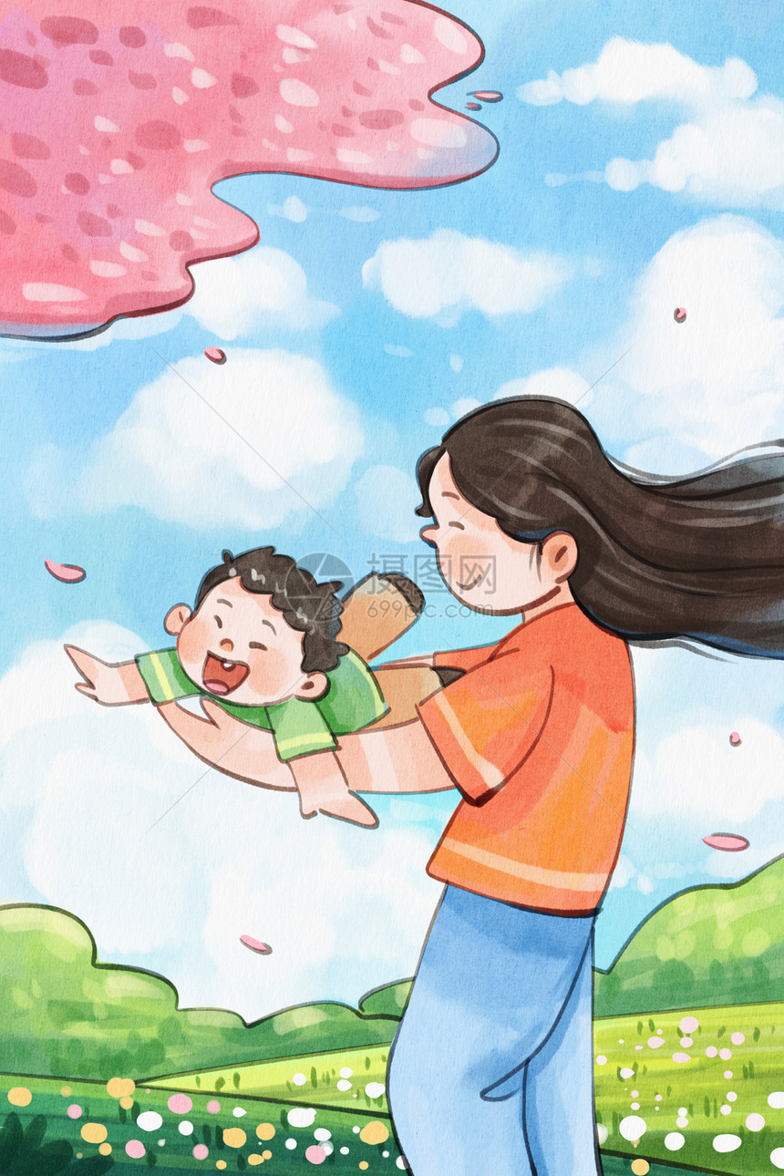 手绘水彩母亲节之妈妈飞机抱孩子温馨治愈插画图片