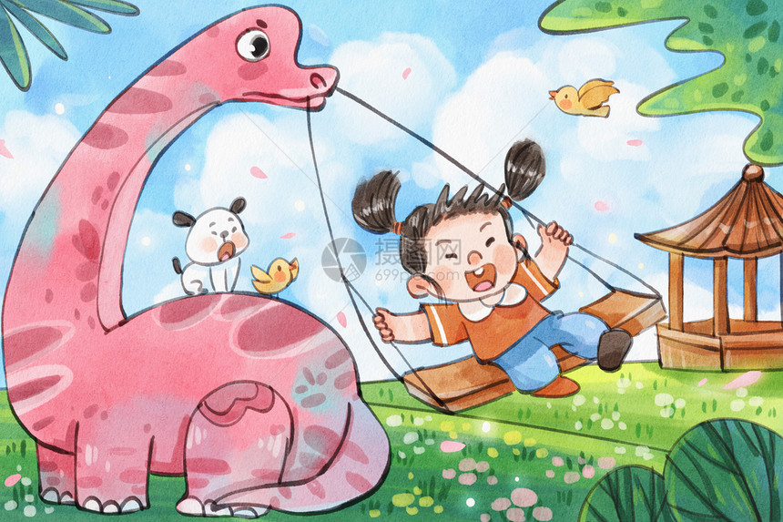 手绘水彩儿童节之恐龙与儿童荡秋千治愈插画图片