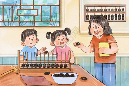 中国风教师节手绘水彩非遗之珠算制作场景插画插画