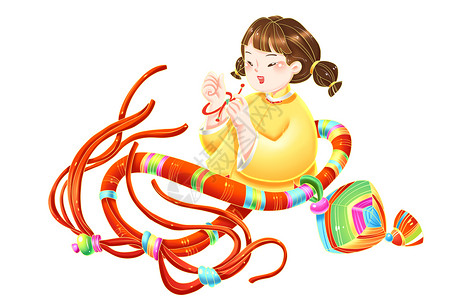 民俗文化节端午节卡通女孩和五色彩线节日手环插画