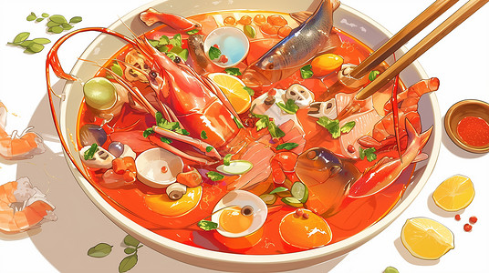 丰盛的中餐一盆美味丰盛的海鲜火锅插画