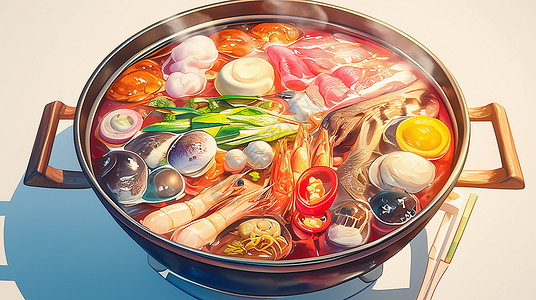 丰盛中餐一盆丰盛的海鲜火锅插画
