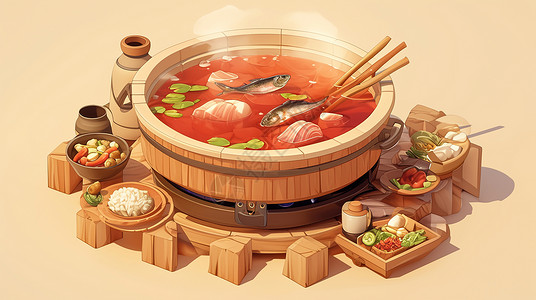 中餐海鲜一盆美味的海鲜火锅插画
