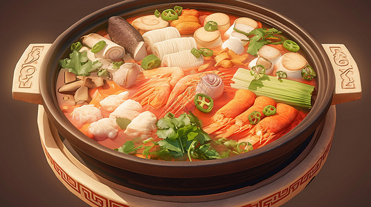 中餐海鲜美味丰盛的海鲜火锅插画