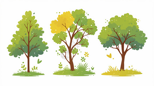 小树水池三棵可爱的卡通小树插画