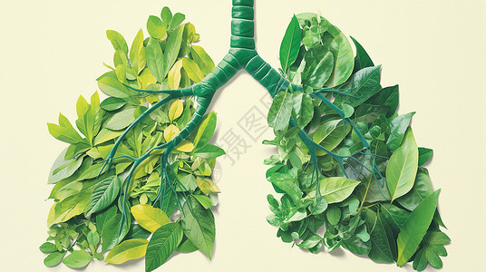 人体器官肺绿色卡通肺部造型铺满了树叶插画