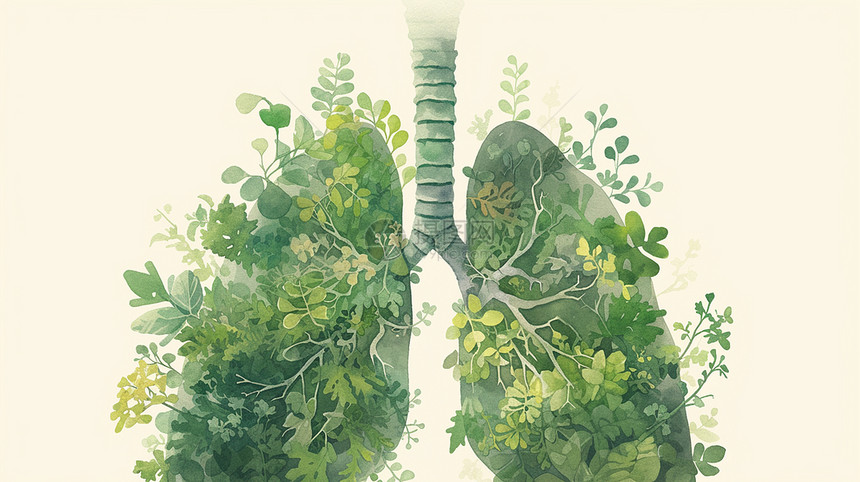 绿色卡通肺部造型铺满了绿叶图片