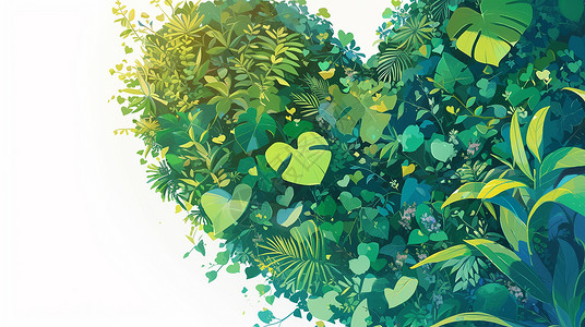 绿色椰子树叶树叶组成的爱心形状插画