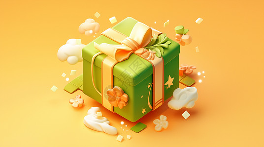 立体礼物盒系黄色丝带的卡通绿色礼物盒插画