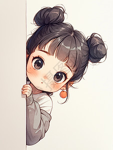 大小女孩在墙边的梳丸子头的可爱卡通小女孩插画