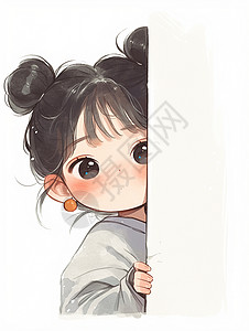 躲在墙后的梳丸子头的可爱卡通小女孩背景图片