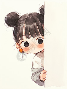躲在墙后的梳丸子头的可爱卡通女孩背景图片