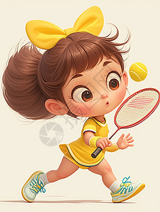 穿黄色运动套装打网球的卡通女孩插画