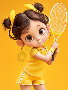 身穿黄色运动套装打网球的卡通小女孩高清图片