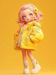 粉色头发人鱼穿着黄色外套粉色头发可爱的卡通小女孩插画