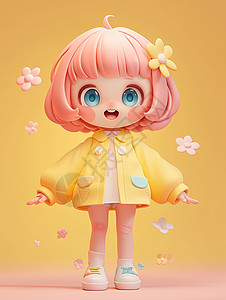 穿黄色外套粉色头发可爱的卡通小女孩背景图片
