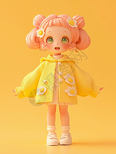 头发3d素材穿着黄色外套粉色头发可爱的卡通女孩插画