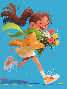 抱着花束奔跑的卡通小女孩背景图片