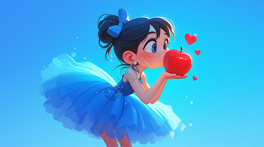 手洗水果手捧着红苹果穿着蓬蓬裙的卡通小女孩插画