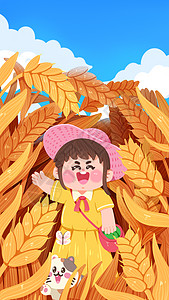芒种金色麦穗手绘卡通肌理风二十四节气芒种金色麦田里的小女孩插画