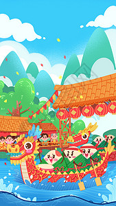 手绘卡通肌理风端午节赛龙舟喜庆节日插画背景图片