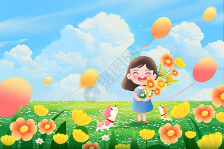 夏日气球美女六一儿童节女孩草坪欢乐玩耍插画插画