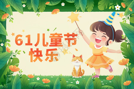 降落伞猫咪儿童节绿色植物边框插画海报插画