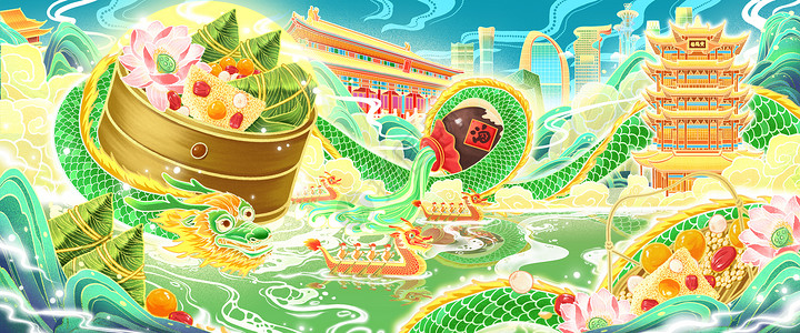 国潮中国风端午粽子赛龙舟中国龙黄鹤楼北京古建筑插画背景图片