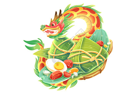 谌龙中国风端午节龙头和大粽子组合插画
