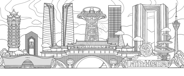 广州国际金融中心国潮风四川成都地标古现代建筑九眼桥LFS国际金融中心宽窄巷双子塔环球中心场景线稿插画插画