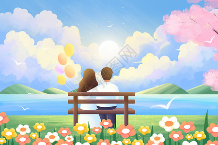 约会的情侣情人节情侣海边长椅上的情侣插画插画