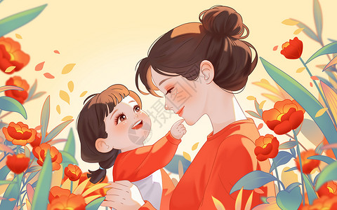 母亲节母女母亲女孩温馨花草植物手绘插画人物暖色背景图片