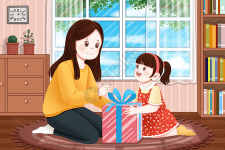 给妈妈礼物儿童节收到妈妈的礼物的女孩插画