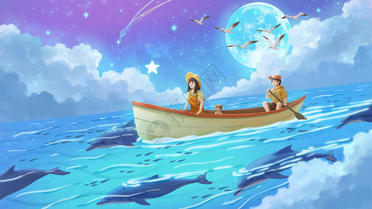 梦幻星空下与海豚相伴横板插画高清图片