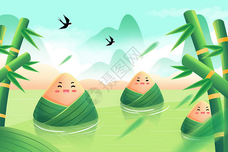 鲜艳的绿色粽子卡通粽子端午竹子山水海报背景插画